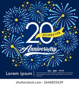 20th years anniversary celebration emblem. congratulations anniversary logo isolated with yellow ribbon and fireworks sparkle on blue background. vector illustration template design for web banner