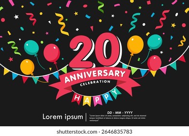 20th years anniversary celebration emblem. congratulations anniversary logo isolated with colorful confetti, bunting flag, balloons and ribbon. vector illustration template design for web banner