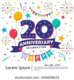20th years anniversary celebration emblem. congratulations anniversary logo isolated with balloons, bunting flag, ribbon, fireworks and stars. vector illustration template design for web banner