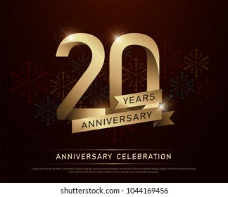 20th years anniversary celebration gold number and golden ribbons with fireworks on dark background. vector illustration