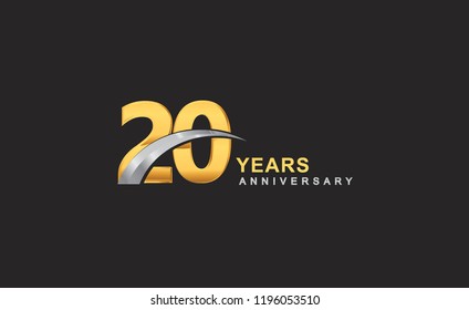 20th years anniversary logo with golden ring and silver swoosh isolated on black background, for birthday and anniversary celebration.