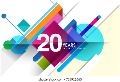 20th years anniversary logo, vector design birthday celebration with colorful geometric isolated on white background.