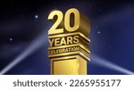 20th Years Celebration, 3D Gold Statue with Spotlights, Luxury Hollywood Light, Vector Illustration