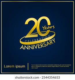 20th years elegant anniversary celebration emblem. golden anniversary logo isolated with oval ring on dark blue background. vector illustration template design for web, flyers, poster, invitation card