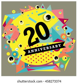 20th years greeting card anniversary with colorful number and frame. logo and icon with circle badge and background