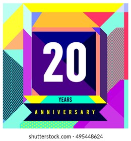 20th years greeting card anniversary with colorful number and frame. logo and icon with Memphis style cover and design template