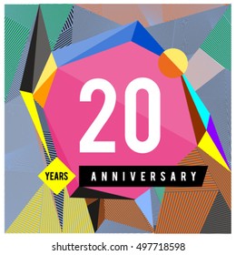 20th years greeting card anniversary with colorful number and frame. logo and icon with Memphis style cover and design template