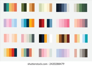 20x5 Color Palettes 2 with Hex Codes Vector, Discover 20 Sets of Vibrant Vector Color Palettes - 5 Unique Colors Each for Stylish Designs: Light, Dark, Vintage, Retro Inspirations, New