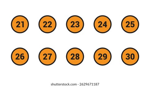 21, 22, 23, 24, 25, 26, 27, 28, 29 and 30 Number icon set vector Orange Circle with Black design