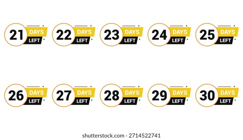 21, 22, 23, 24, 25, 26, 27, 28, 29 and 30 days left Countdown number banner templates time icon vector design set
