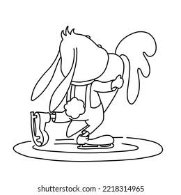21 - 25 Cute bunny is happy during figure ice skating with huge carrot. Snow and ice. Christmas, New Year and Easter contour vector illustration. Collection of rabbits in cartoon style. Humour