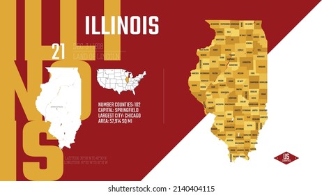 21 of 50 states of the United States, divided into counties with territory nicknames, Detailed vector Illinois Map with name and date admitted to the Union, travel poster and postcard