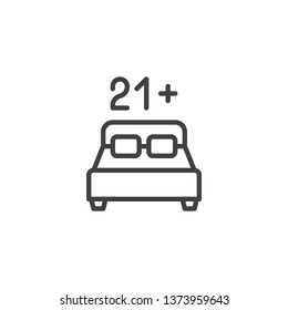 21 age content line icon. linear style sign for mobile concept and web design. Double hotel bed room with 21 number outline vector icon. Adults only symbol, logo illustration. Pixel perfect vector 