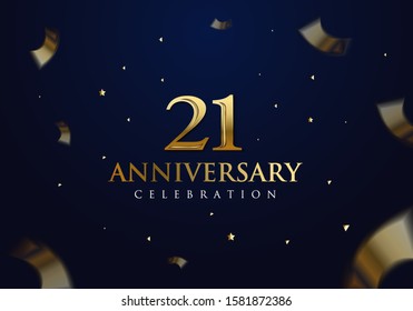  21 Anniversary celebration design on luxury royal blue background with stars, glitters and streamer ribbons. Vector festive illustration. Birthday or wedding party event decoration.