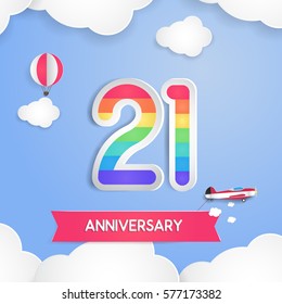 21 Anniversary Celebration Logo with Rainbow Colored and using Paper Art Design Style