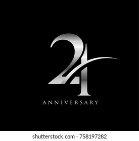 21 anniversary elegance silver logo. linked number with swoosh on black background
