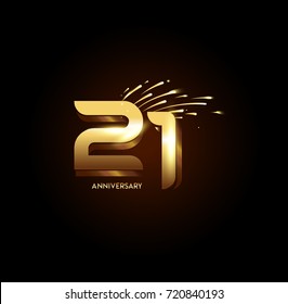 21 Anniversary with fireworks and shiny gold on dark background.Greeting card, banner, poster