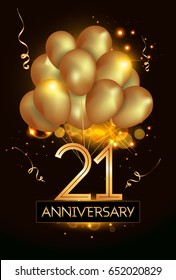 21 Anniversary Logo Celebration with Golden balloon and confetti, Isolated on dark Background