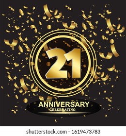 21 anniversary logo with confetti golden colored isolated on black background, vector design for greeting card and invitation card