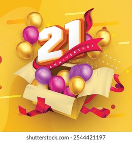 21 anniversary logo template on a gift box with a yellow background and balloons. 21st anniversary celebration featuring a red ribbon and balloons. Gift box concept for an anniversary invitation card.