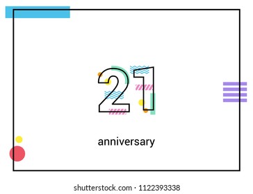 21 Anniversary simple black line with memphis ornaments isolated on white background