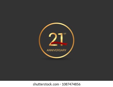 21 anniversary vector design golden color with ring and red ribbon isolated on black background