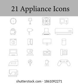 21 Appliance Icons In Black Line Art On White Background.