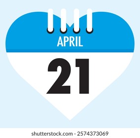 21 April calendar icon blue heart shape on light sky blue color background, calendar vector symbol for the month of April.