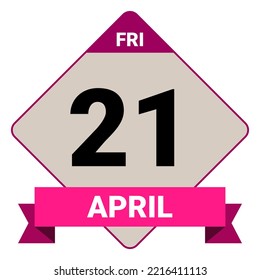 21 de abril, viernes. Plantilla de fecha. Diseño útil para la promoción de calendarios o eventos. Ilustración del vector EPS 10 