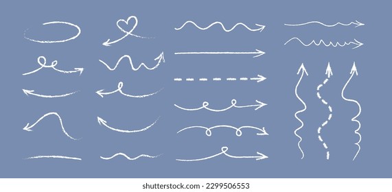 21 Arrows set on blue background. White Hand drawn arrows collection. Vector illustration