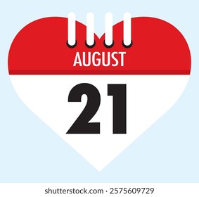 21 August calendar icon red heart shape on light sky blue color background, calendar vector symbol for the month of August.