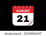 21 August calendar icon text page monthly web design on red, white and black background vector, icon, or illustration with the month of August 21