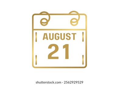 21 August calendar icon text page monthly web design on golden and white background vector, icon, or illustration with the month of August 21