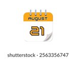 21 August month single day vector, illustration, calendar with yellow, black and white color background calendar August 21