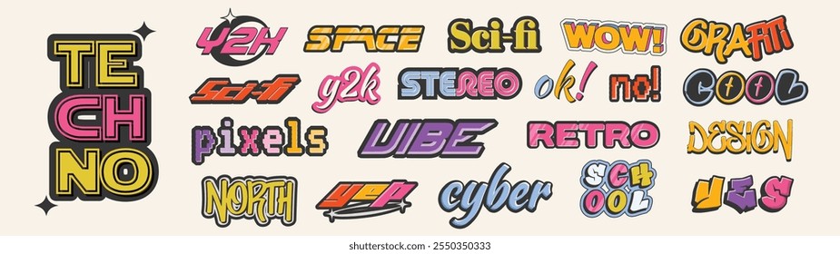 21 Bold Y2K Typography Sticker Set with Retro Vibes. Trendy Modern Nostalgia Vintage Badges.