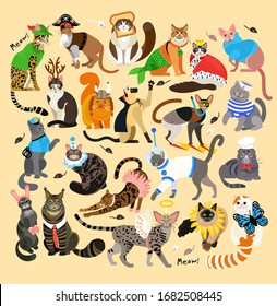 21 Cats Dressed In  Costumes. Adorable Costumes for Cat. Vector Illustration.