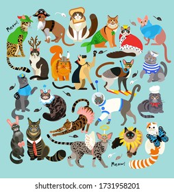 21 Cats Dressed In  Costumes. Vector Illustration.