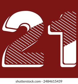 21 Classic Vintage Sport Jersey Uniform numbers in black with a black outside contour line number on white background for American football, Baseball and Basketball or soccer for shirt