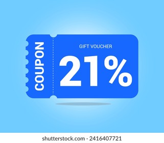 21% coupon promotion sale. Twenty one percent Vector Gift Voucher. Blue discount, lucky ticket, special offer promo. Web, shopping label, percent sign. Special price offers.