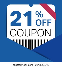 21% Coupon promotion sale for a website, internet ads, social media gift 21% off discount voucher. Big sale and super sale coupon discount. Price Tag Mega Coupon discount with vector illustration.
