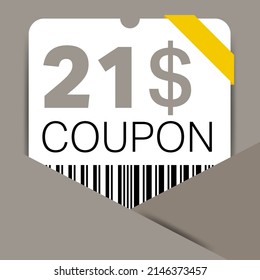21$ Coupon promotion sale for a website, internet ads, social media gift 21 Dollar off discount voucher. Big sale and super sale coupon discount. Price Tag Mega Coupon discount vector illustration.