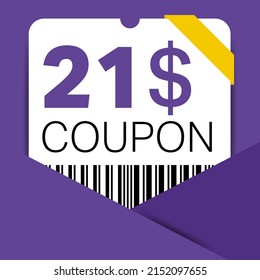 21$ Coupon promotion sale for a website, internet ads, social media gift 21 Dollar off discount voucher. Big sale and super sale coupon discount. Price Tag Mega Coupon discount vector illustration.