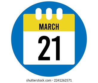 Vector del calendario de marzo de 21 días. Icono de la página del calendario para los días de marzo. Círculo azul con calendario amarillo