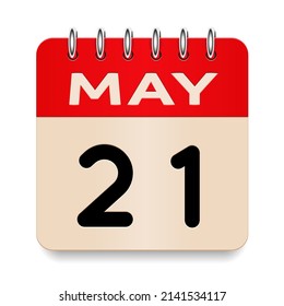 21 day of the month. May. Flip old formal calendar. 3d daily icon. Date. Week Sunday, Monday, Tuesday, Wednesday, Thursday, Friday, Saturday. Cut paper. White background. Vector illustration. 