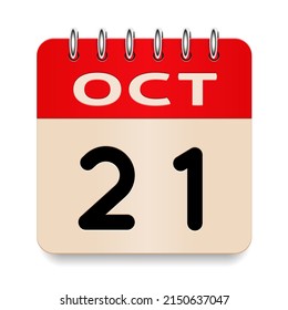 21 day of the month. October. Flip old formal calendar. 3d daily icon. Date. Week Sunday, Monday, Tuesday, Wednesday, Thursday, Friday, Saturday. Cut paper. White background. Vector illustration.