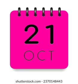 21 day of the month. October. Pink calendar daily icon with black letter. Date day week Sunday, Monday, Tuesday, Wednesday, Thursday, Friday, Saturday. Cut paper. White background. Vector illustration