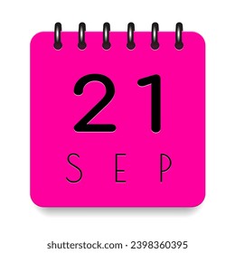 21 day of the month. September. Pink calendar daily icon. Black letters. Date day week Sunday, Monday, Tuesday, Wednesday, Thursday, Friday, Saturday. Cut paper. White background. Vector illustration.