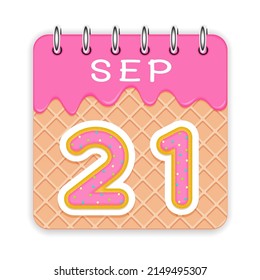 21 day of a month. September. Waffle cone calendar with melted ice cream. 3d daily icon. Date. Week Sunday, Monday, Tuesday, Wednesday, Thursday, Friday, Saturday. White background Vector illustration