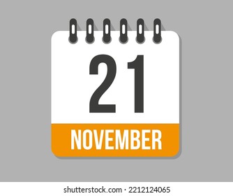 21 day november calendar icon. Orange calendar vector on light background for november month