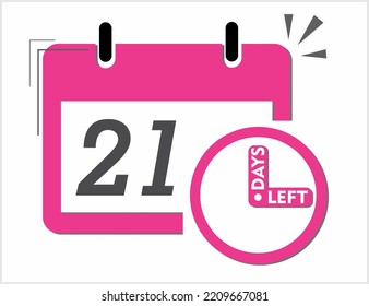 21 days left. Vector art in pink and black. Reminder, banner isolated on white background